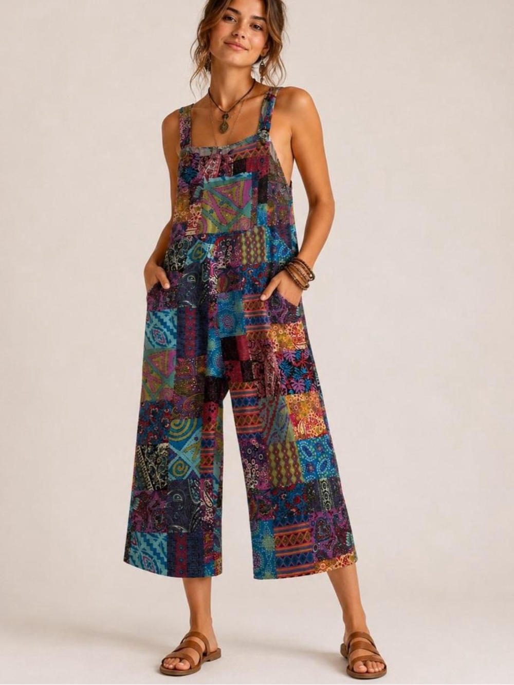 Boho Patchwork Jumpsuit Overalls Women’s Large Boho Art Festival Hippie Wide Leg